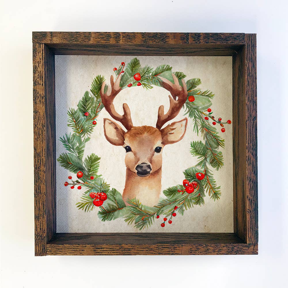 Christmas Wreath Deer - Cute Holiday Animal - Framed Decor