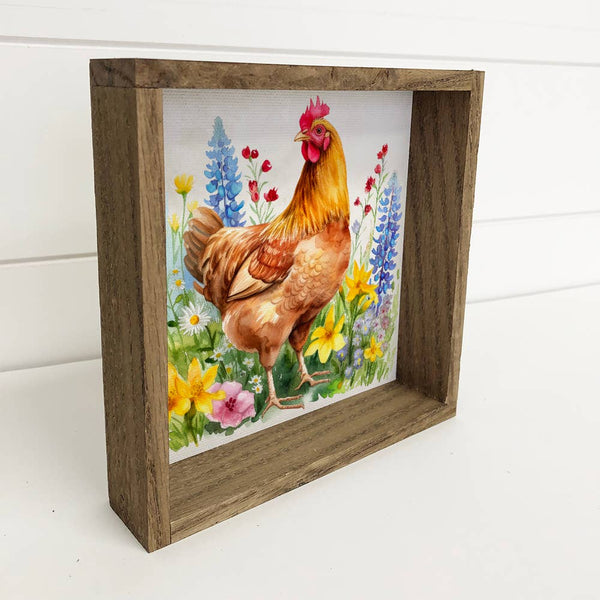 Spring Chicken Yellow Flowers - Chicken Canvas Art - Framed