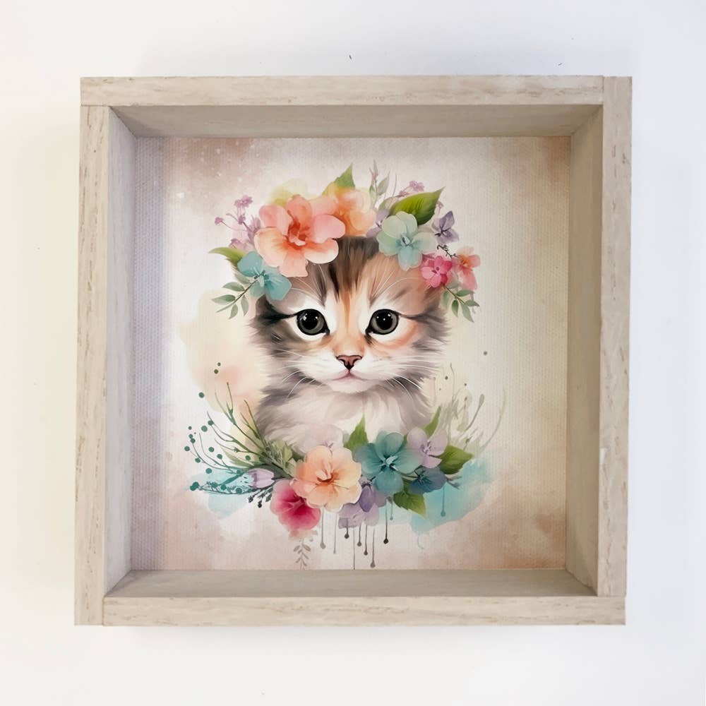 Springtime Flower Cat - Cute Cat Canvas Art - Wood Framed