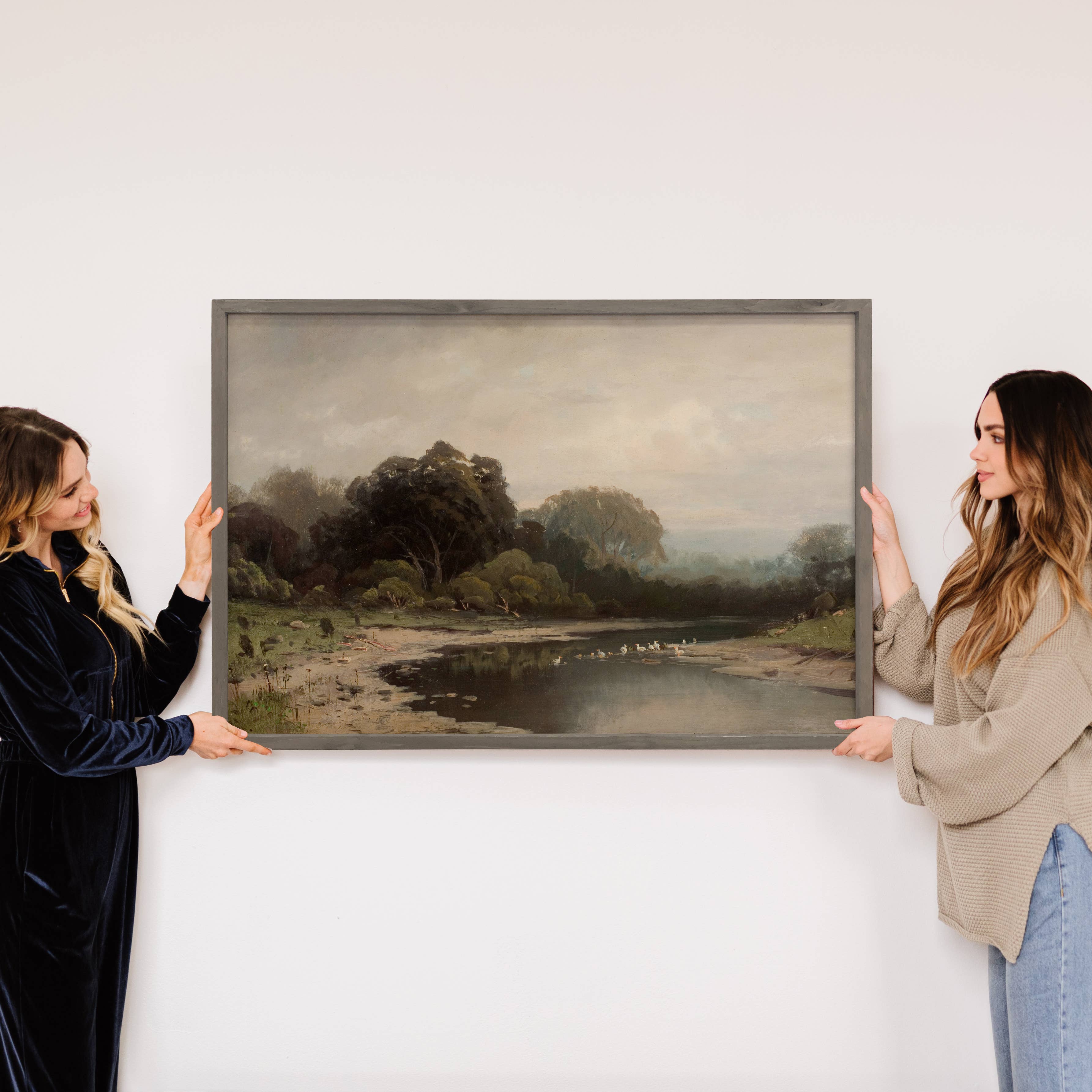 Gray Overcast River- River Landscape Canvas Art - Framed Art