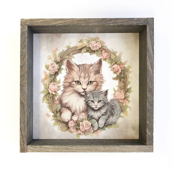 Mother Baby Gray Cat - Cat Canvas Art - Wood Framed Decor
