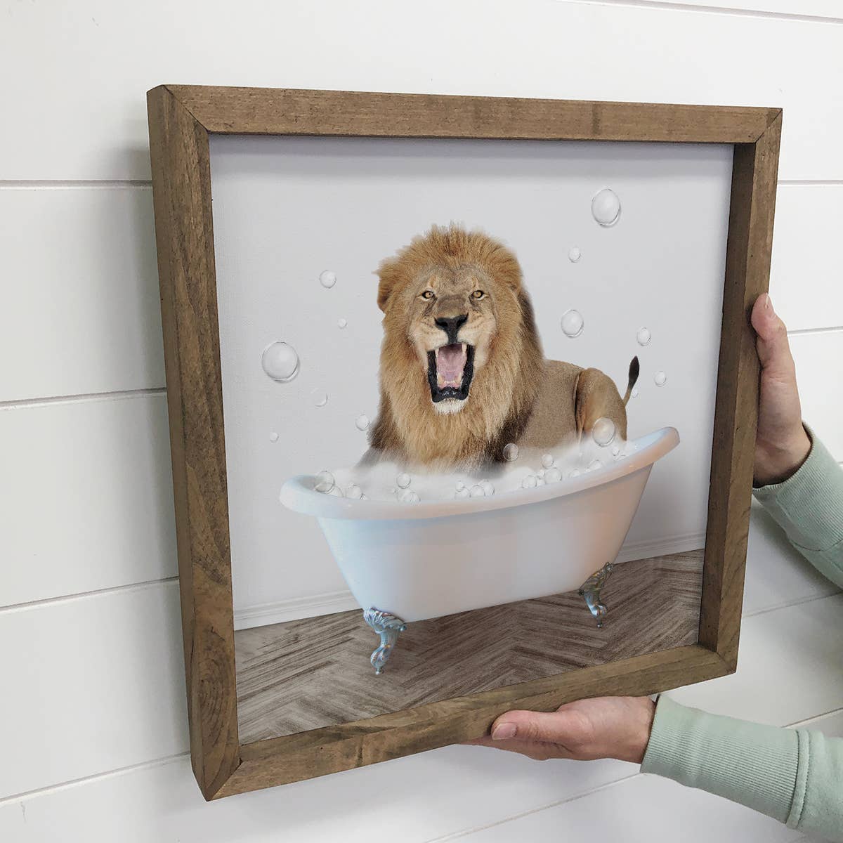 Lion taking a Bath Wood Framed Sign - Funny Kids Animal Art