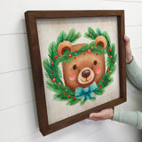 Christmas Wreath Bear - Cute Holiday Animals - Wood Framed