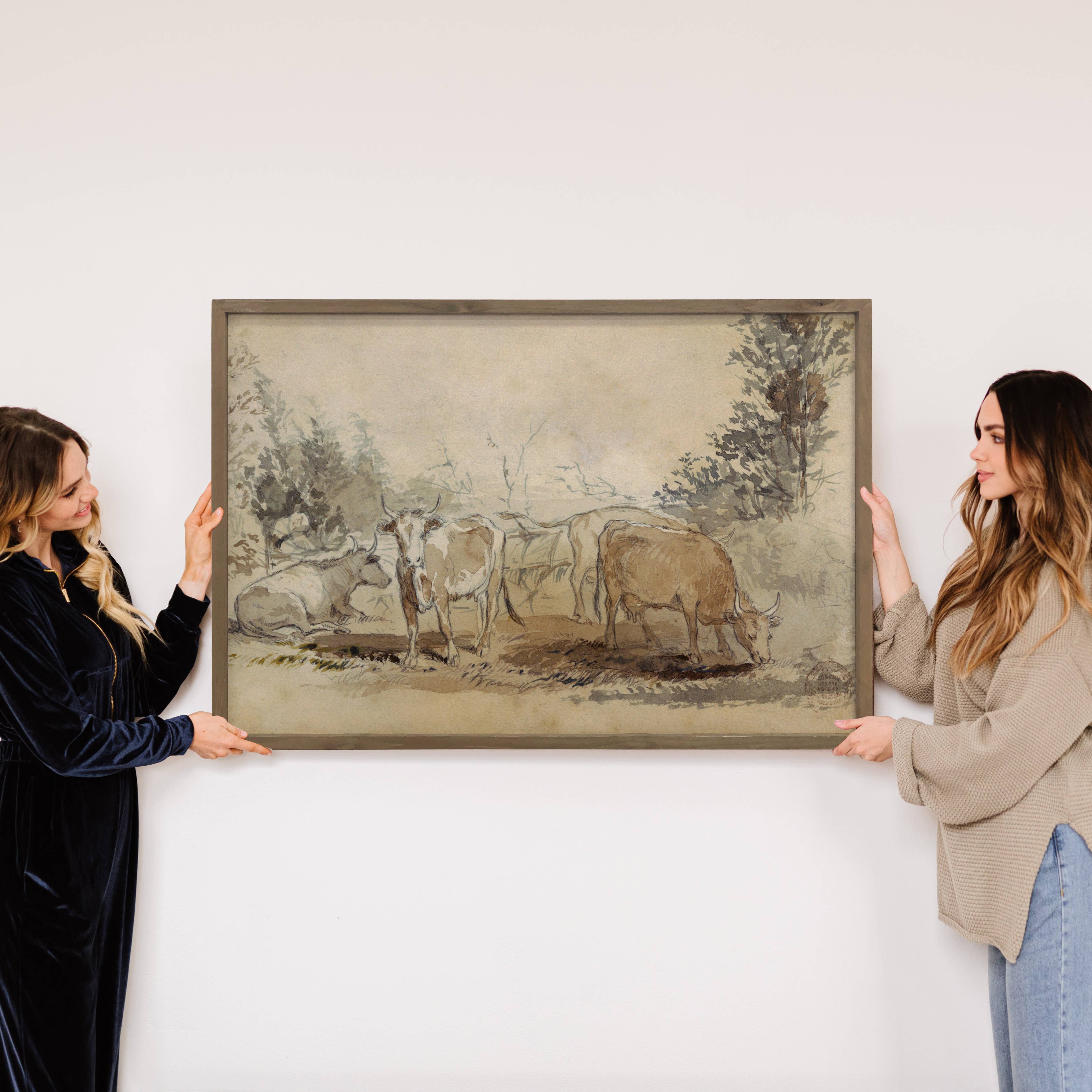 Cows Sketch Antique Watercolor - Cow Canvas Art - Wood Frame