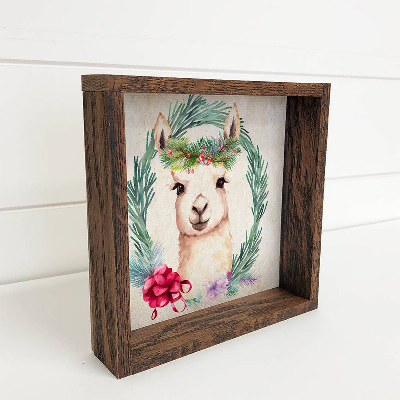 Christmas Wreath Llama - Cute Holiday Animal - Framed Decor