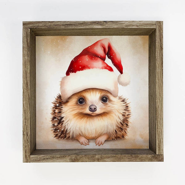 Hedgehog Santa Hat - Cute Holiday Animal Canvas Art - Framed