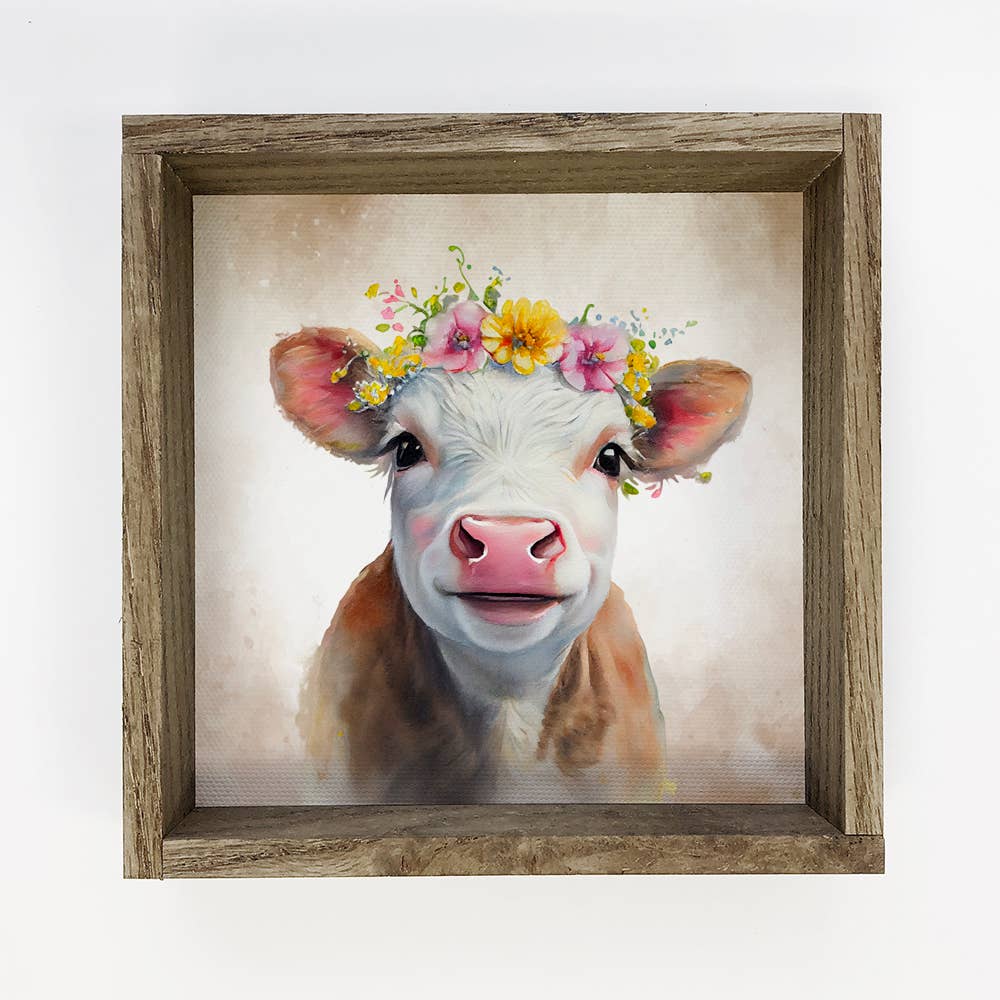 Cute Flower Cow - Nursery Art with Rustic Wood Frame