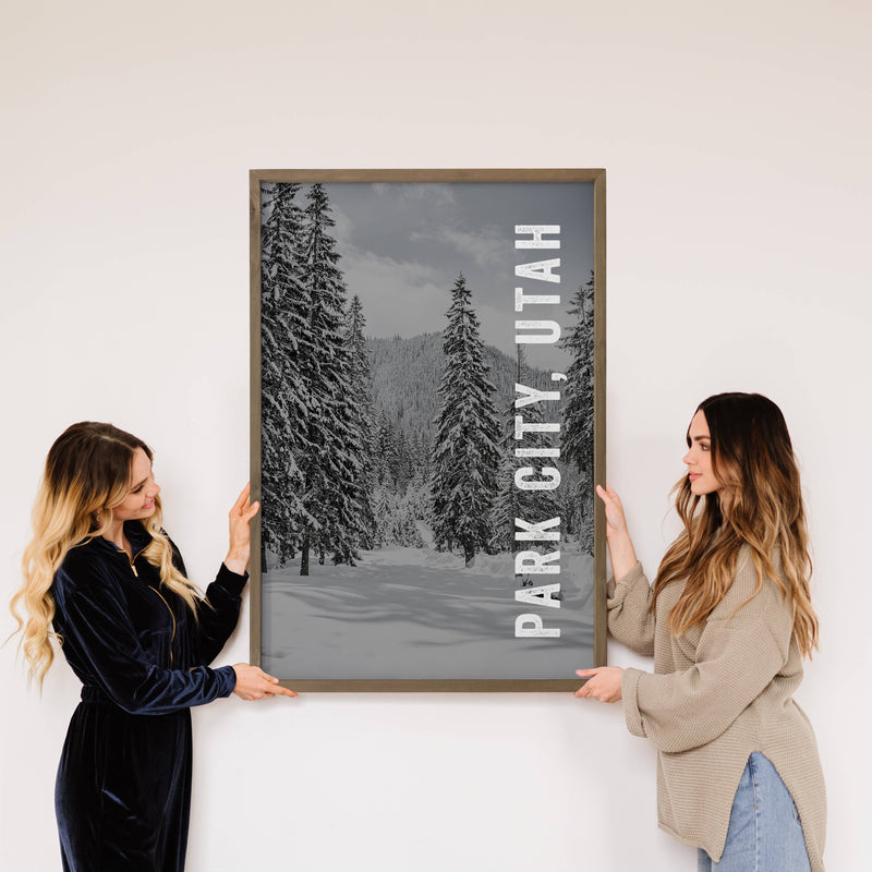 Any Customized Town - Snowy Pines Park City Wood Framed Art