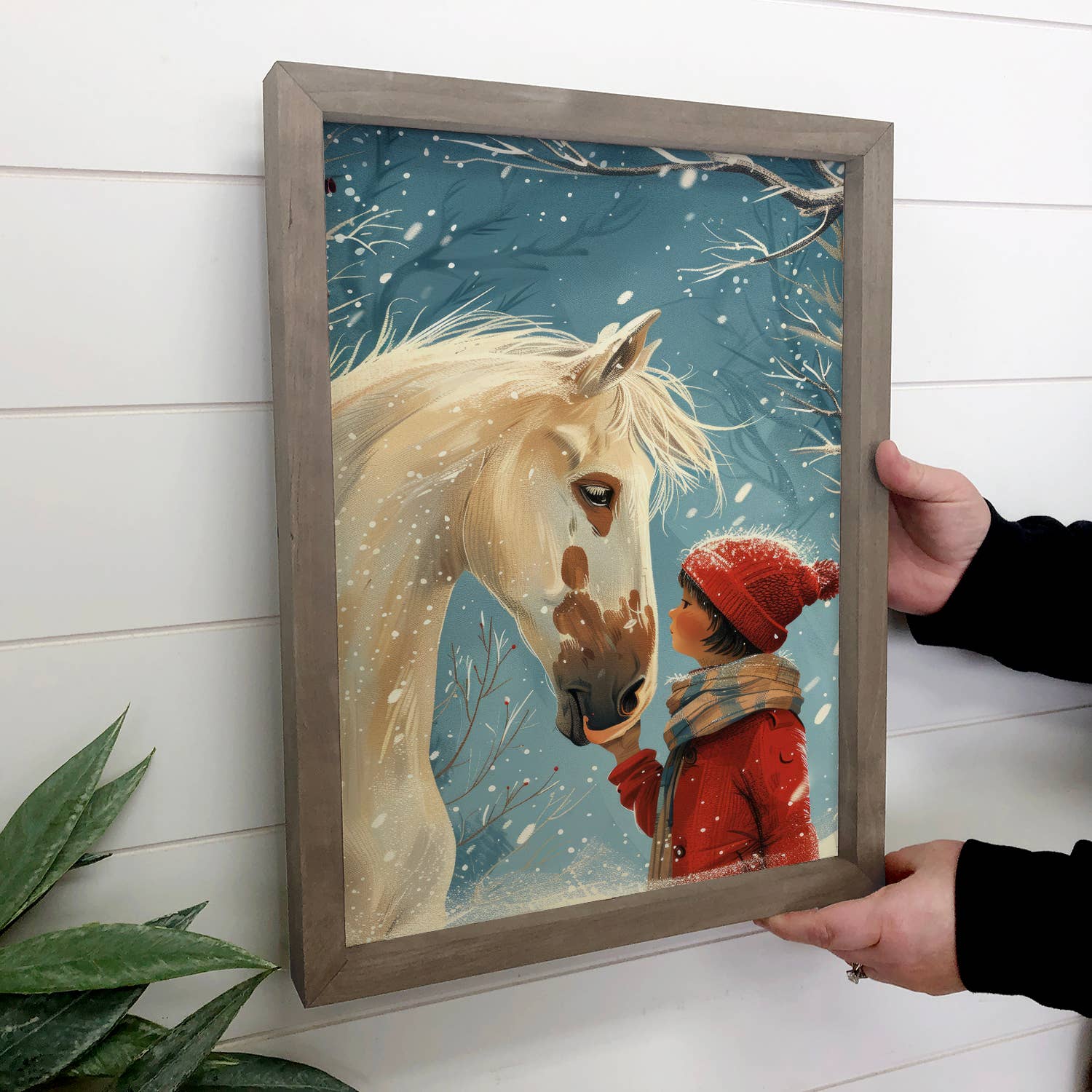 Snowy Horse and Girl - Winter Ranch House Canvas Art