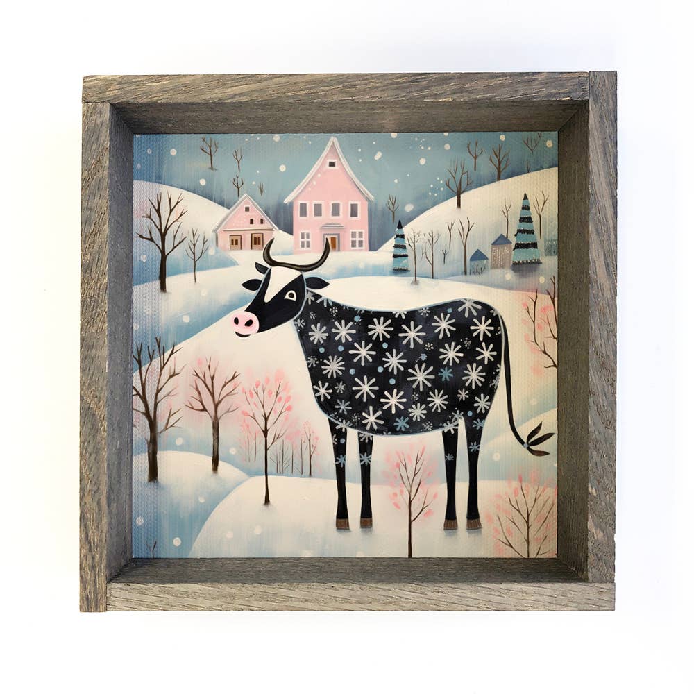 Whimsy Christmas Cow - Christmas Canvas Art - Wood Framed