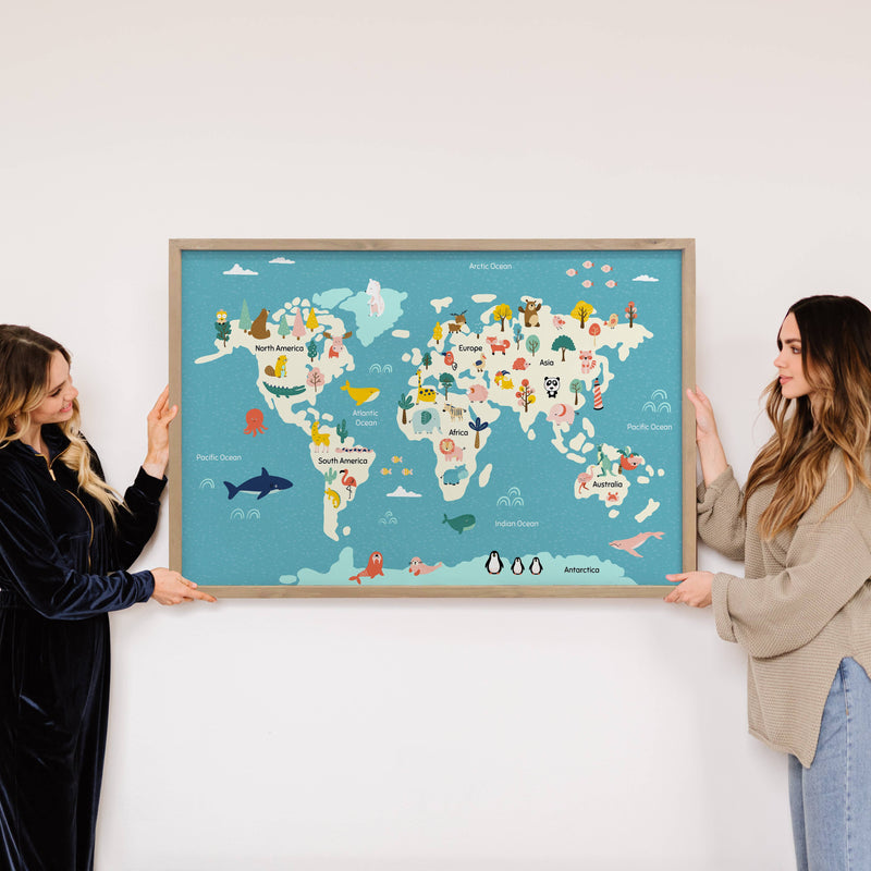 Cute Animal World Map - Kids Room Wall Art - Framed Map Art