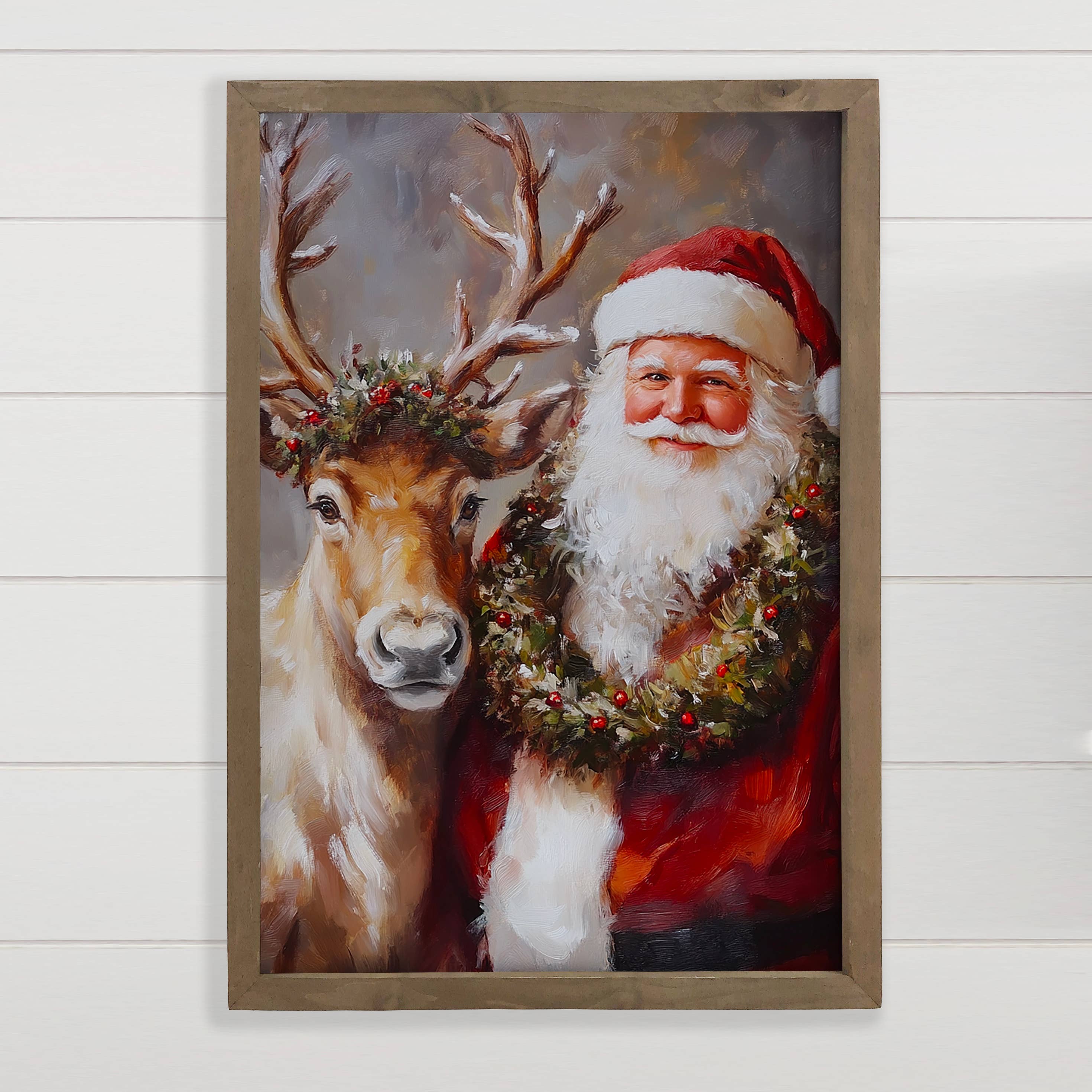 Santa Reindeer Portrait - Christmas Canvas Wall Art - Framed