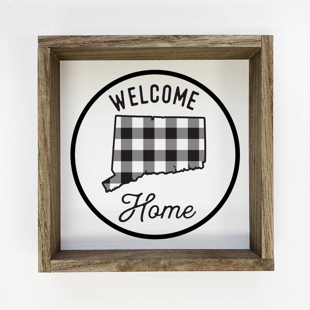 Welcome Home Connecticut Buffalo Plaid Small Canvas Sign