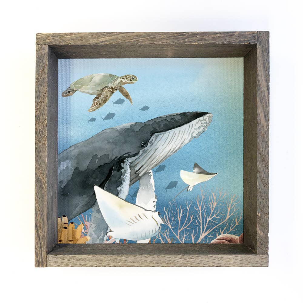 Small Watercolor Ocean Life Canvas with Greywash Frame