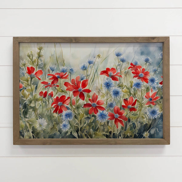 Red White Blue Flowers - Flower Canvas Art - Wood Framed Art