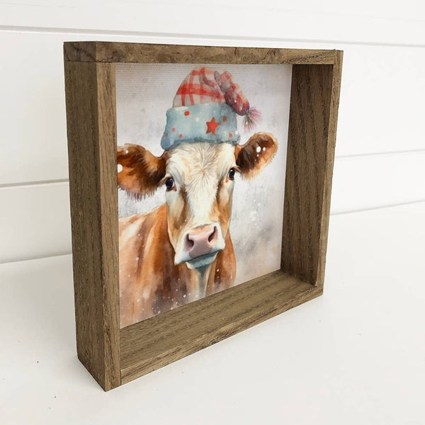 Cow with Red Knit Hat - Cute Framed Animal Wall Art - Decor