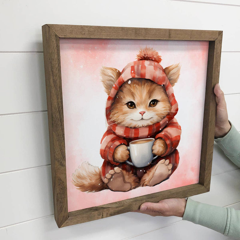 Winter Red Hoodie Cat - Cute Framed Animal Canvas Wall Art