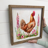 Spring Chicken Pink Flowers - Framed Chicken Canvas Artwork