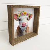 Cute Flower Cow - Nursery Art with Rustic Wood Frame