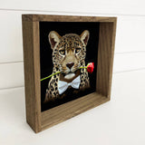 Valentines Sign - Leopard with Rose - Black Canvas and Wood