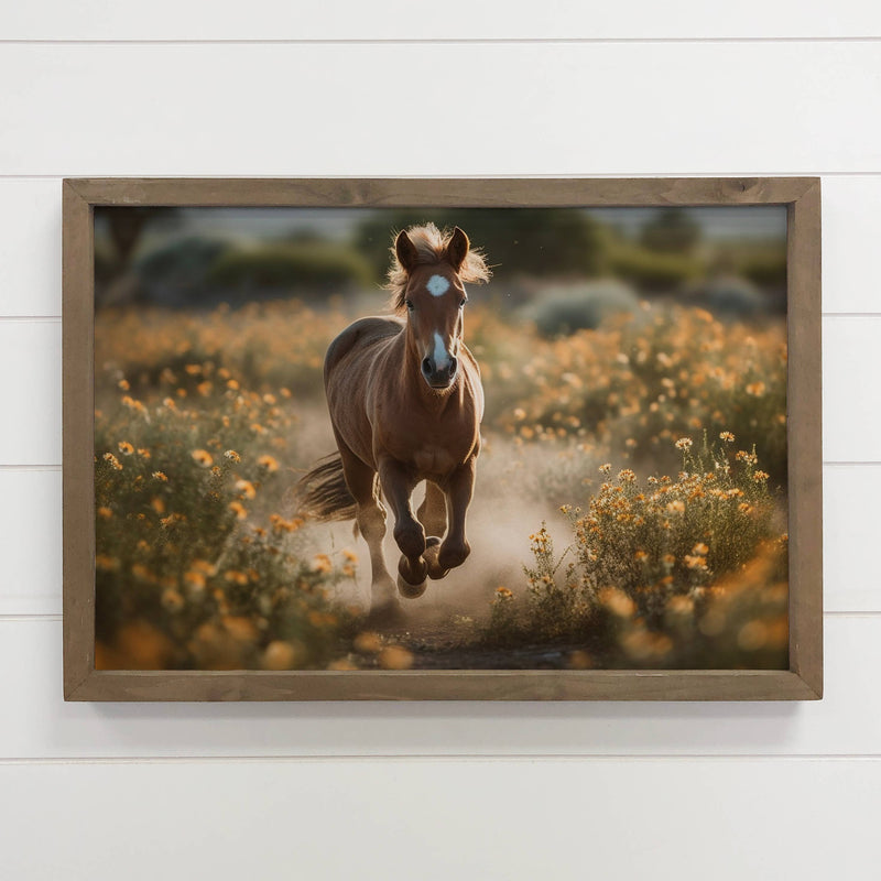 Horse Galloping in Wildflowers Farmhouse Wood Wall Art