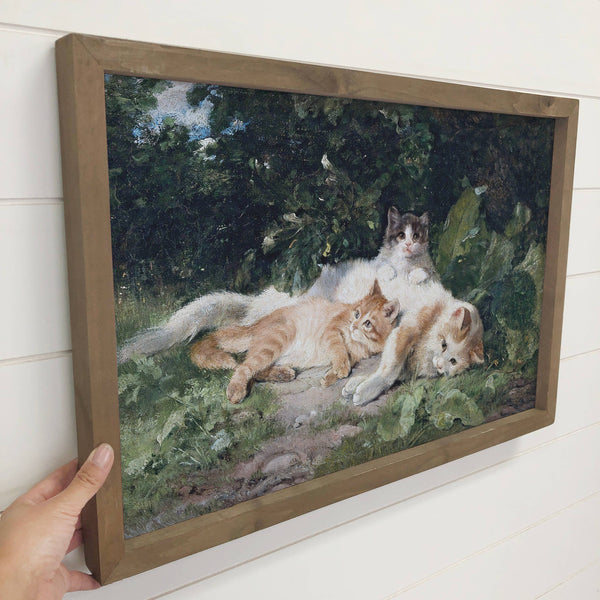Cat with Her Kittens - Cat Canvas Art - Wood Framed Decor