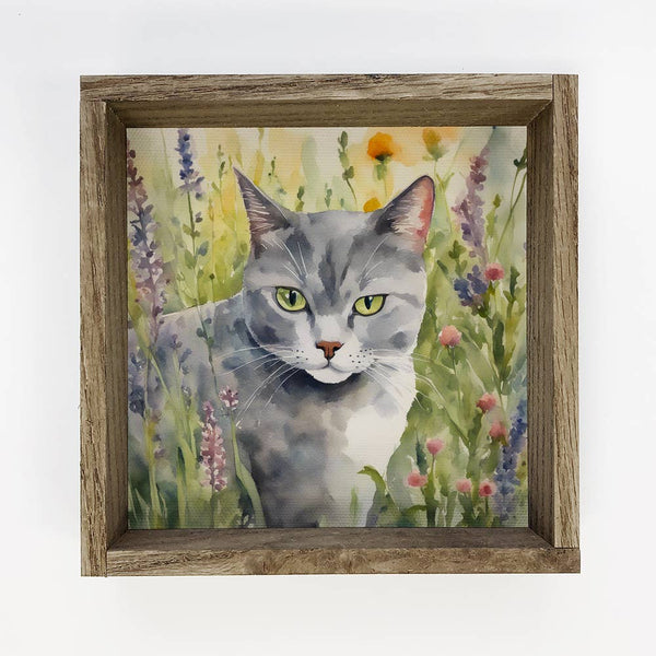 Wildflower Gray Cat - Springtime Cat Canvas Art - Wood Frame