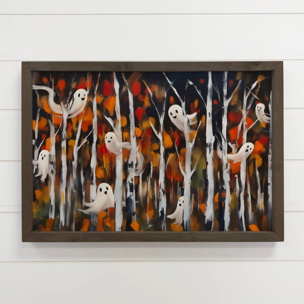 Ghosts in Birch Trees Landscape Version - Dark Wood Frame