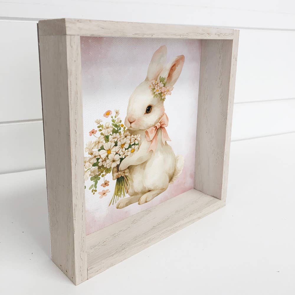 Easter Bunny Pink Bow and Flowers - Easter Canvas Wall Art