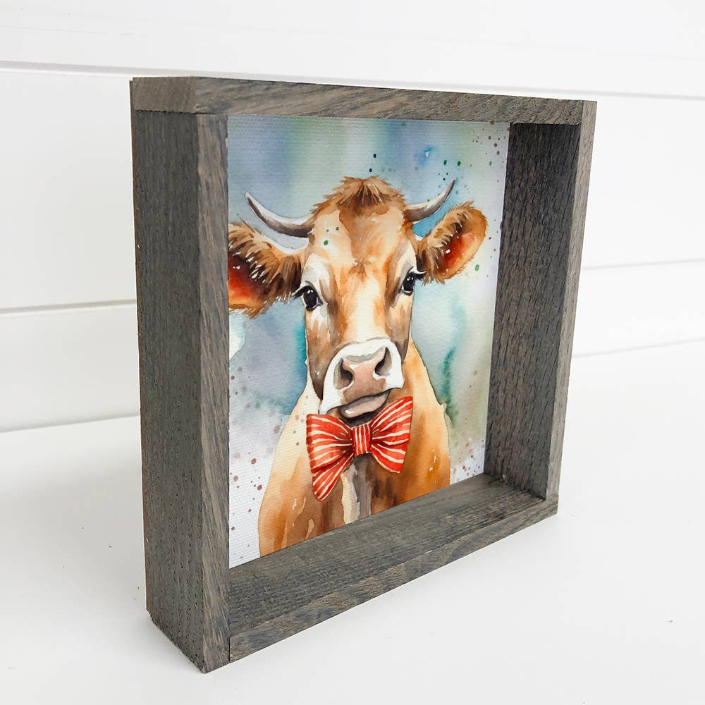 Cow with Bowtie - Framed Animal Wall Art - Farmhouse Decor