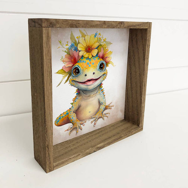 Cute Flower Lizard - Nursery Wall Art with Rustic Wood Frame