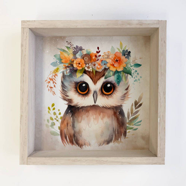 Boho Cute Owl Wall Art - Nursery Canvas Art - Wood Framed
