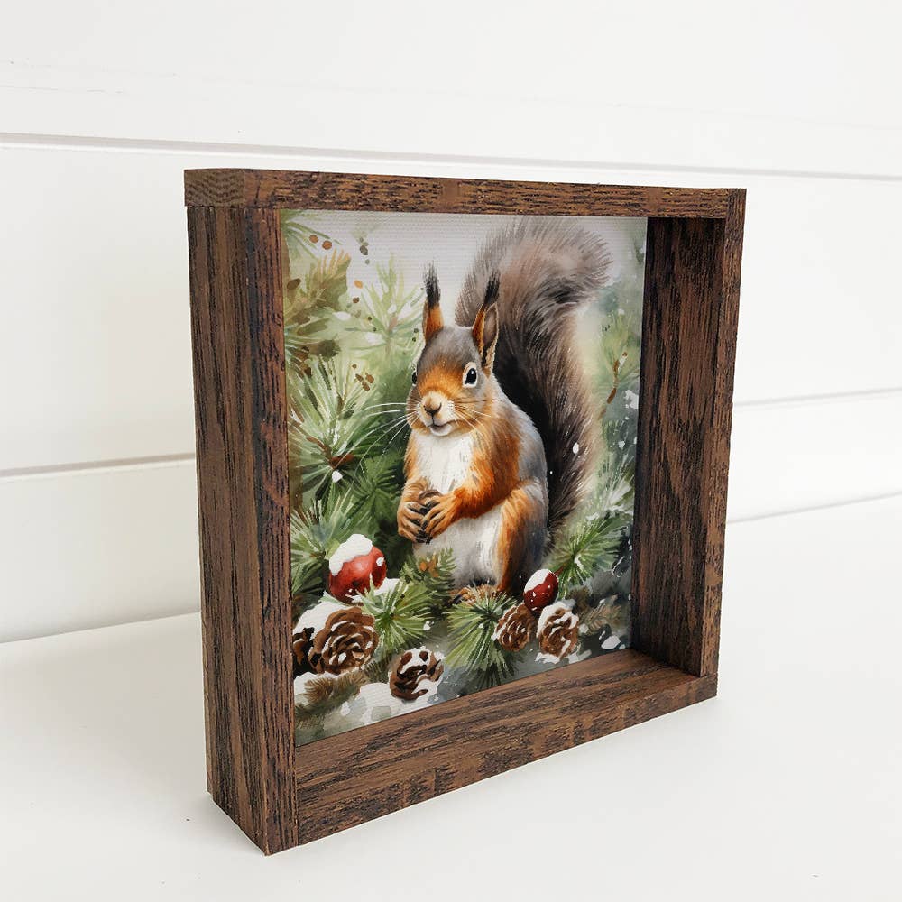 Winter Watercolor Squirrel Pine Cones - Squirrel Canvas Art