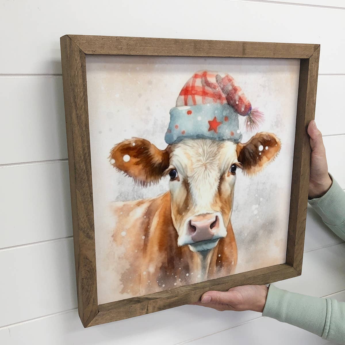 Cow with Red Knit Hat - Cute Framed Animal Wall Art - Decor