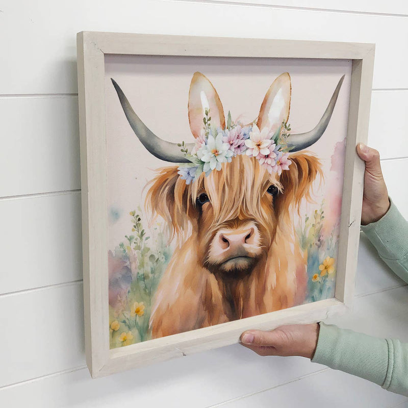 Highland Cow Bunny Ears - Springtime Highland Cow - Framed