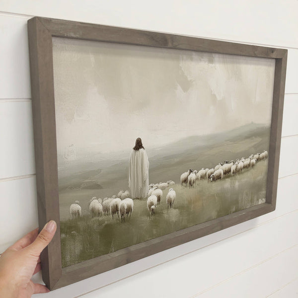 Jesus Flock of Sheep - Jesus Canvas Art - Wood Framed Decor