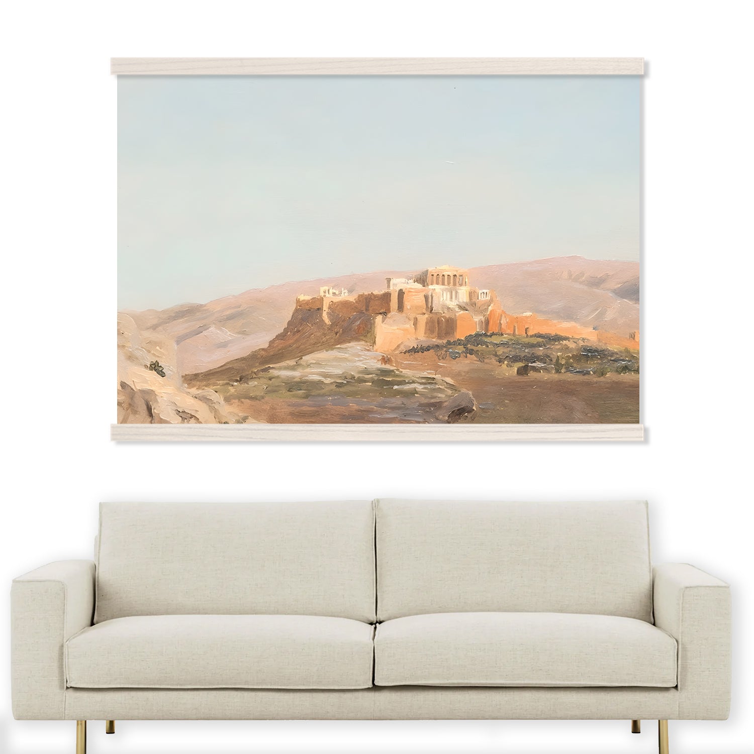 Athena Tapestry - Large Canvas Print of Ancient Athens Coral & Beige Landscape