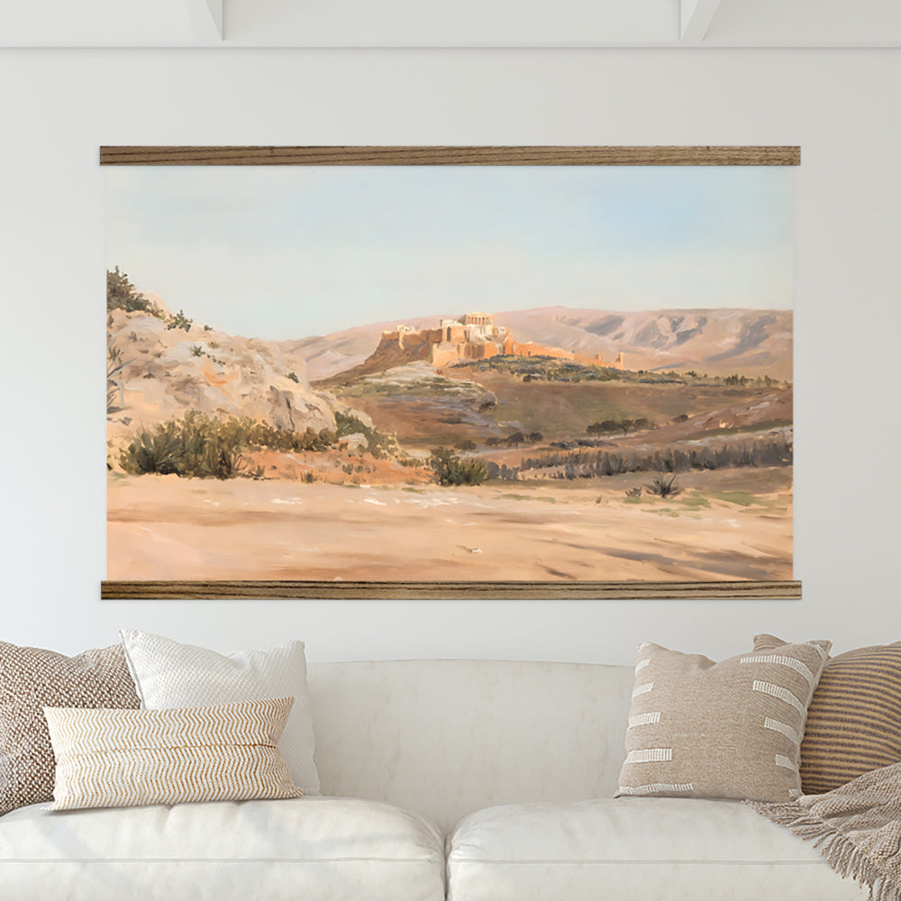 Athena Tapestry - Large Canvas Print of Ancient Athens Coral & Beige Landscape