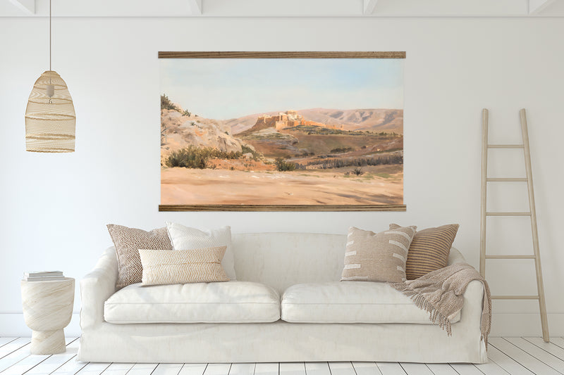 Athena Tapestry - Large Canvas Print of Ancient Athens Coral & Beige Landscape