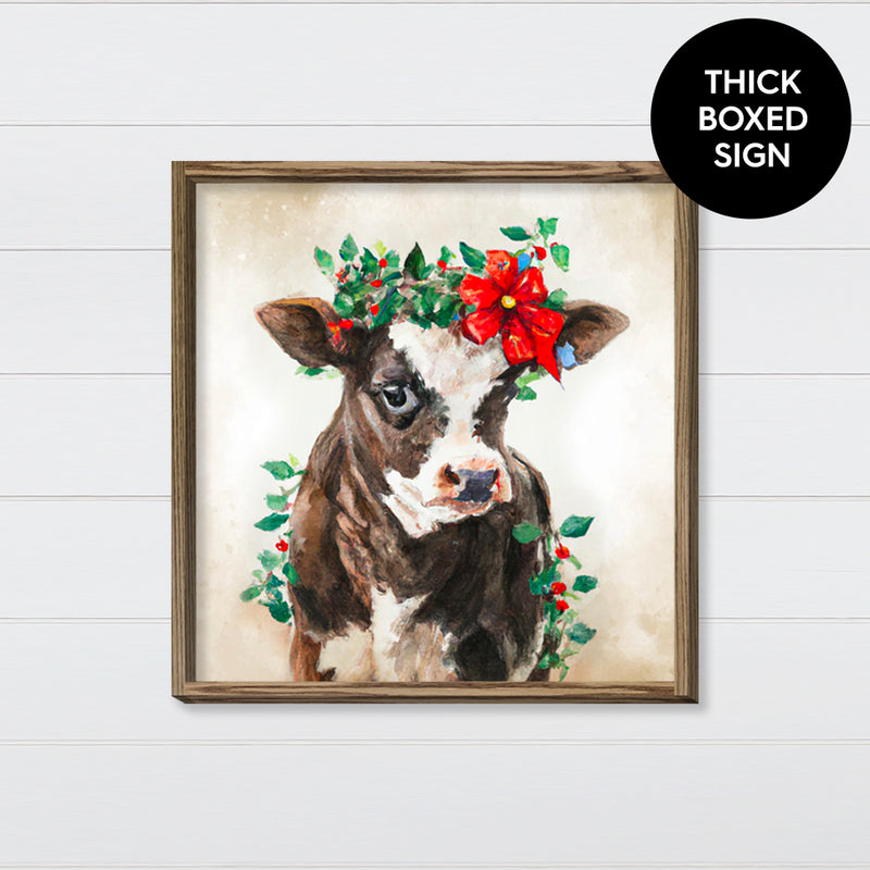 Baby Cow With Christmas Wreath Painting Canvas & Wood Sign Wall Art