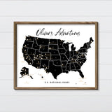 US National Park Map - Black Canvas & Wood Sign Wall Art