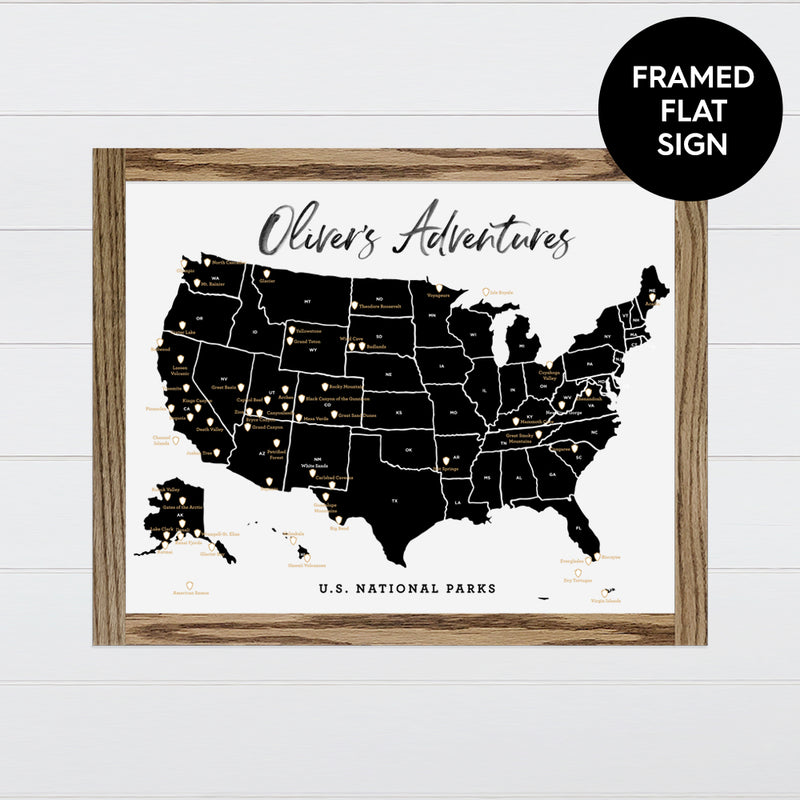 US National Park Map - Black Canvas & Wood Sign Wall Art