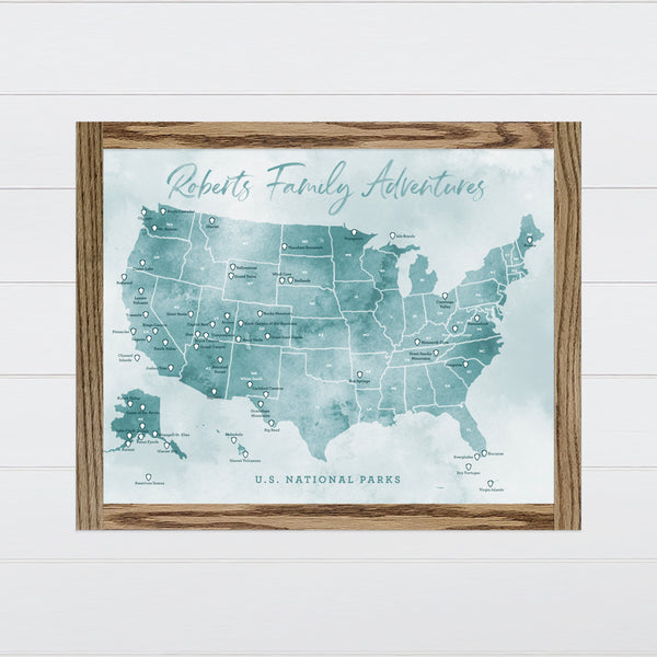 US National Park Map - Blue Canvas & Wood Sign Wall Art