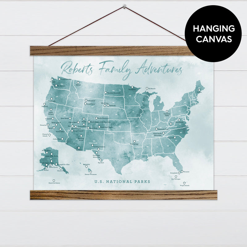 US National Park Map - Blue Canvas & Wood Sign Wall Art