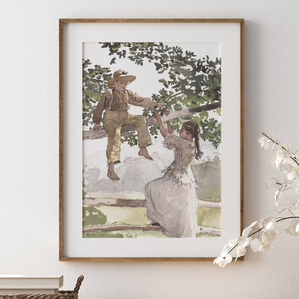 Brother Sister Farm Kids Playing on a Tree - Watercolor Painting Art Print