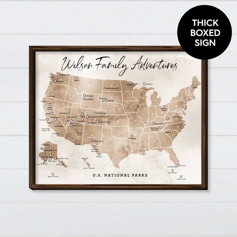 US National Park Map - Brown Canvas & Wood Sign Wall Art