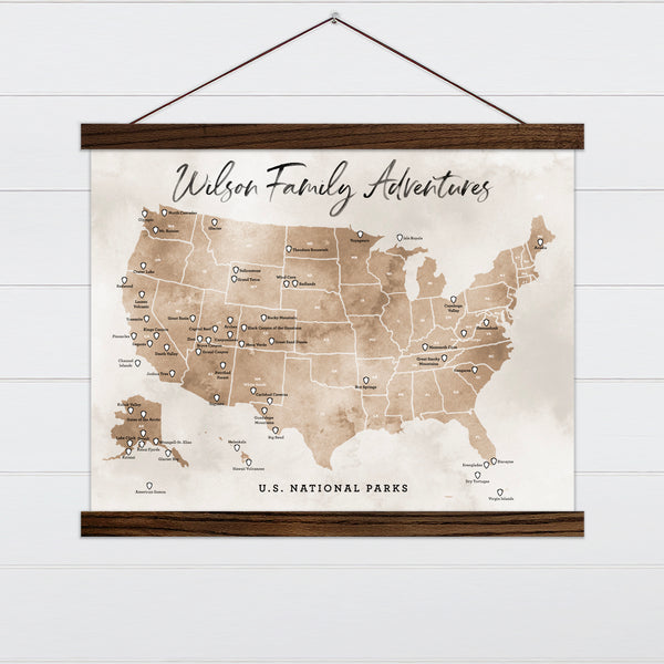 US National Park Map - Brown Canvas & Wood Sign Wall Art