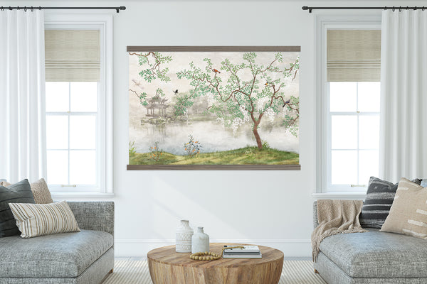 Chinoiserie Modern Scroll Art with Frame - Wallpaper Alternative to Cover Large Wall
