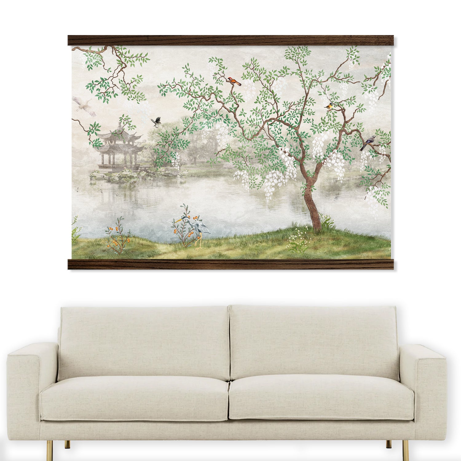 Chinoiserie Modern Scroll Art with Frame - Wallpaper Alternative to Cover Large Wall