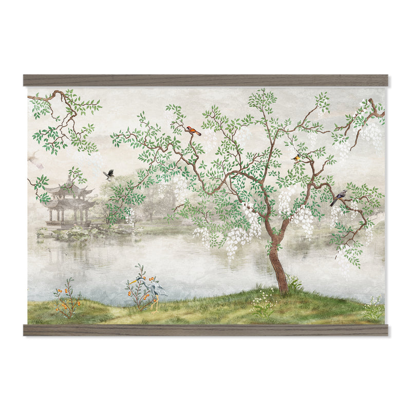 Chinoiserie Modern Scroll Art with Frame - Wallpaper Alternative to Cover Large Wall